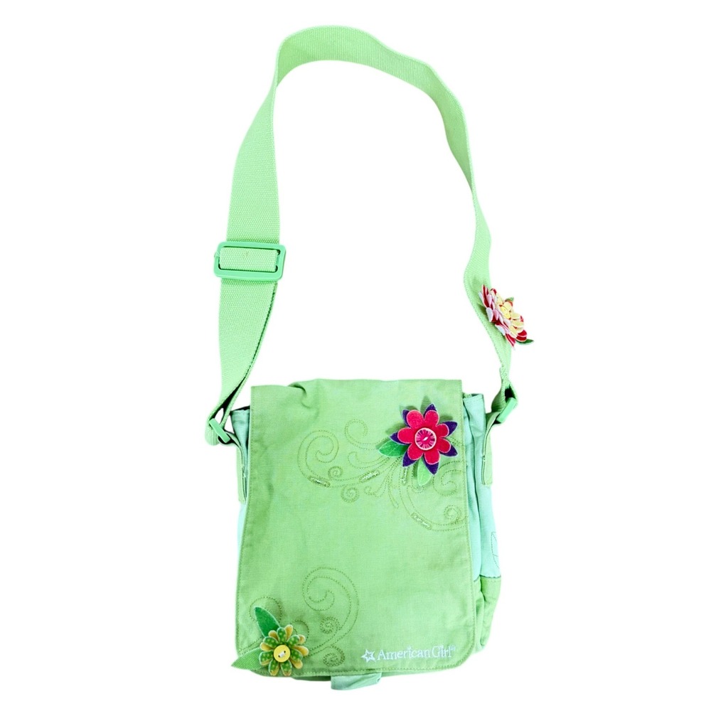 CHILD Size American Girl Green Messenger Bag Floral Embroidery Purse Flowers Y2K